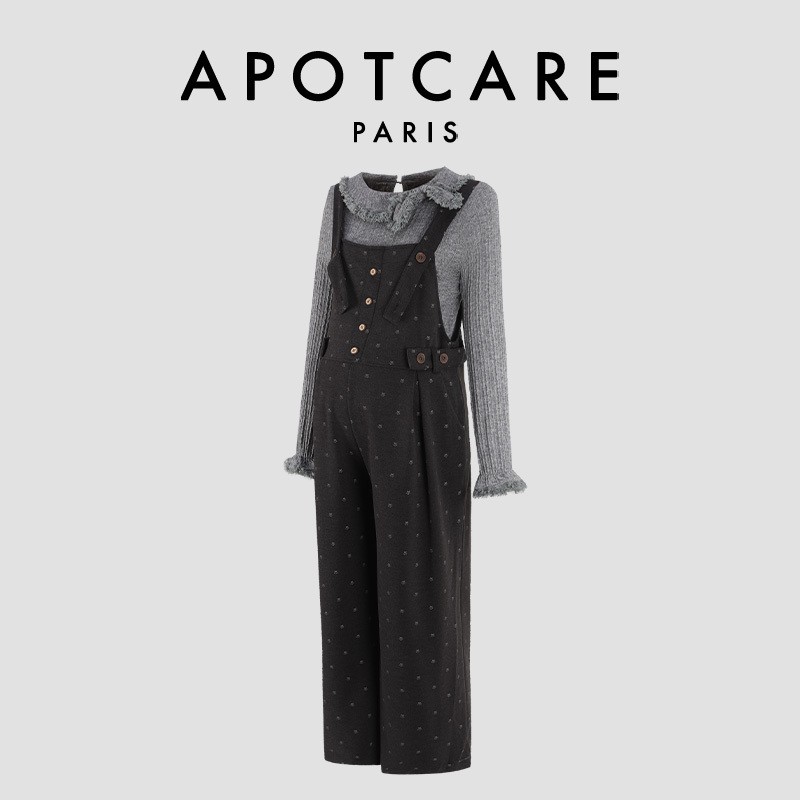 French Apotcare Maternity Wear Autumn and Winter Style French-Style Outfit with Ruffled Top and Vintage Woolen Overalls Set