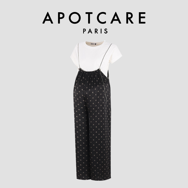 French Apotcare Maternity Wear Summer New Product Pure Cotton T-Shirt + Korean Style Polka Dot Overalls Maternity Set