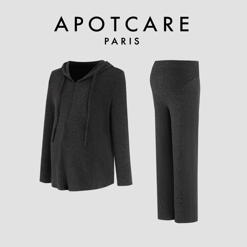 French Apotcare Maternity Wear Spring and Autumn Style Sporty Lazy Style Half-Zip Hooded Top and Long Pants Two-Piece Set