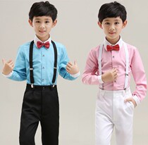 Boy pink short-sleeved shirt bow tie six-one childrens strap shorts set flower children wedding costume performance chorus