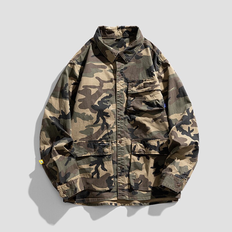 Trendy Men's Jacket, Men's Camouflage Shirt, Long-Sleeved French Retro Workwear Top, Casual Pure Cotton Jacket, Spring and Autumn