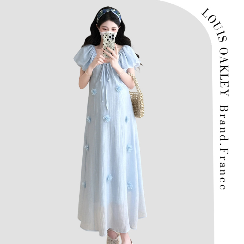French Louis Oakley Maternity Wear Summer Three-Dimensional Floral Elegant Gentle Long Loose Dress