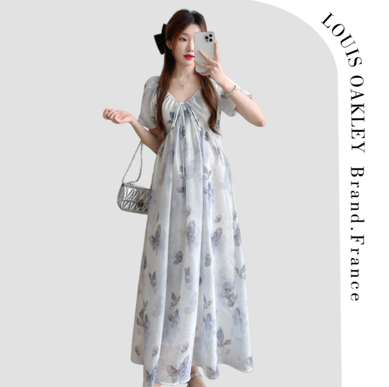 French Louis Oakley New Maternity Wear, Gentle Floral Pattern, Waist-Cinching Long Skirt, Loose Maternity Dress
