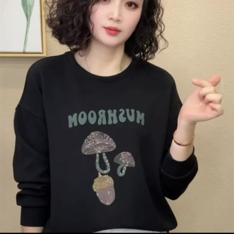 Mom's Autumn Long-Sleeve Round-Neck Sweatshirt for Women, Loose Fit, Slimming, Mushroom Rhinestone Top, Casual Versatile Pullover Base Shirt Mom's Autumn Long-Sleeve Round-Neck Sweatshirt for Women, Loose Fit, Slimming, Mushroom Rhinestone Top, Casual Versatile Pullover Base Shirt