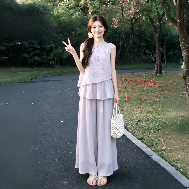 Taro Purple New Chinese Style Ruffled Embroidered Button-Up Top and Casual Pants Set for Women, Summer 2026 New Two-Piece Set Taro Purple New Chinese Style Ruffled Embroidered Button-Up Top and Casual Pants Set for Women, Summer 2026 New Two-Piece Set