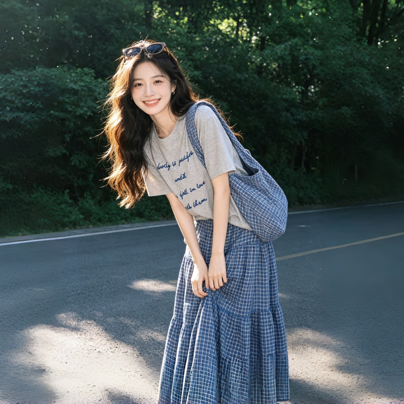 College Style Blue Letter T-Shirt and Plaid Skirt Set for Women, Summer, Stunning and Trendy, Sweet Two-Piece Set College Style Blue Letter T-Shirt and Plaid Skirt Set for Women, Summer, Stunning and Trendy, Sweet Two-Piece Set