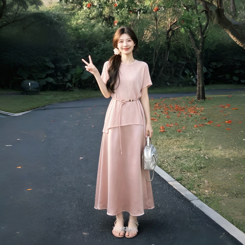 Pink Hollow-Out Short-Sleeved Knit Top and Satin Dress for Women, Summer 2026 New Style, Gentle Style Suspender Dress Two-Piece Set