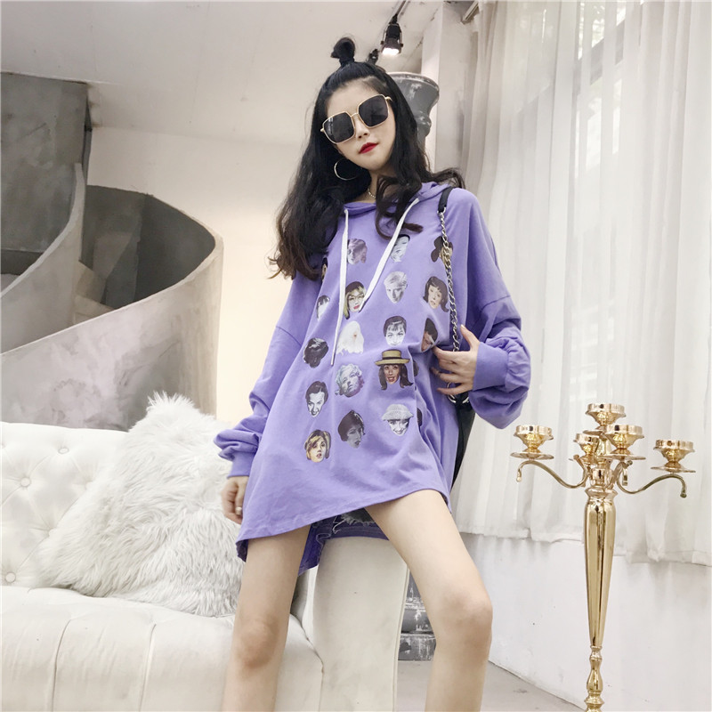 VK旗艦店 韓系個性連帽印花滿版長袖洋裝