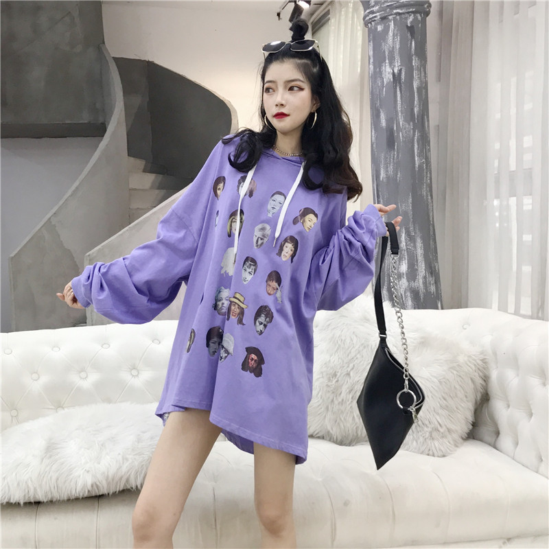 VK旗艦店 韓系個性連帽印花滿版長袖洋裝