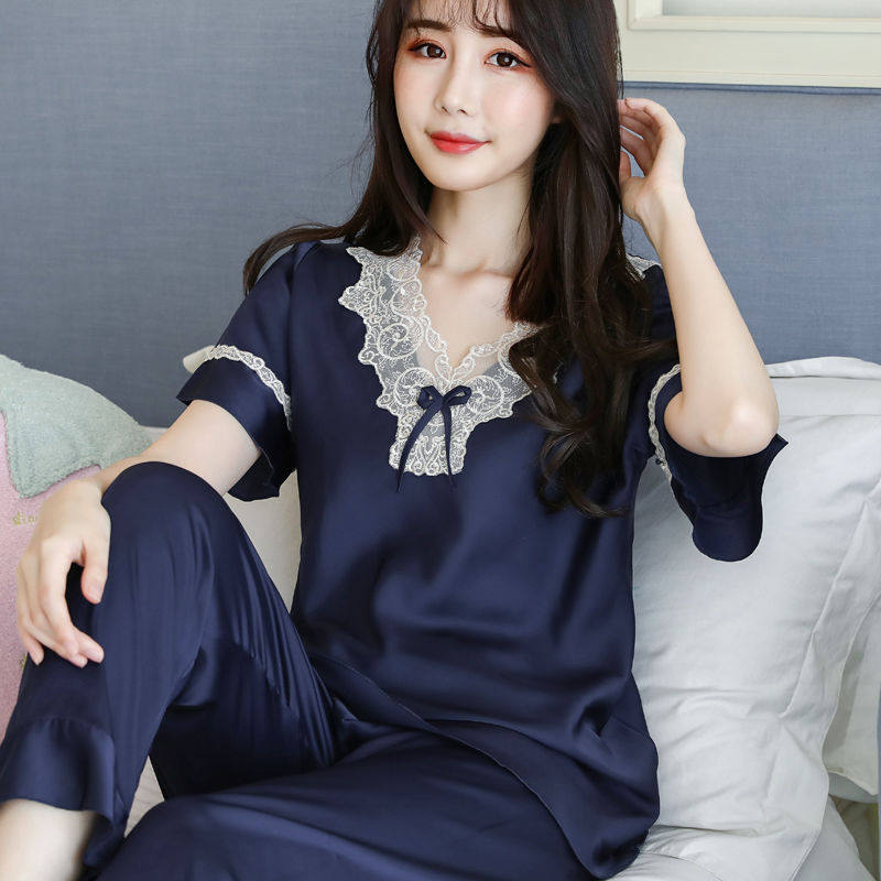 New short sleeve long pants lady loose two sleepwear women summer spring autumn season sexy suit ice silk summer days
