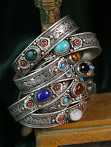  Nepal Tibet filigree retro Tibetan silver bracelet inlaid with turquoise elongated asbestos hemp literary and artistic accessories for men and women