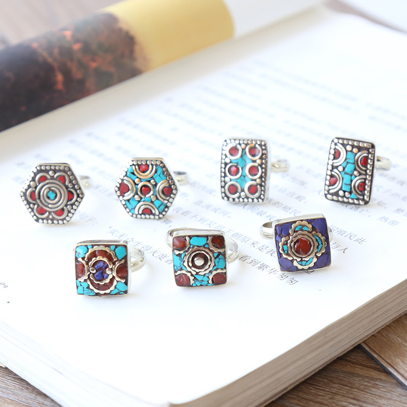 Nepal white copper inlaid turquoise ring Women's Bohemian diy matching jewelry accessories ring