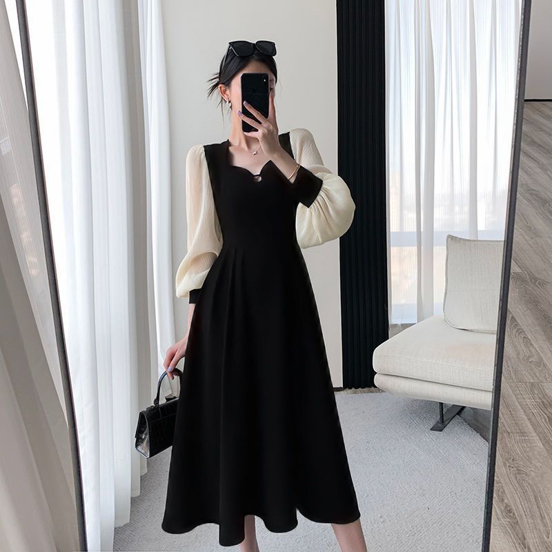 Plus-Size Women's French Hepburn-Style Elegant Long-Sleeved Dress for Spring and Autumn, Covers the Belly, Slims the Waist, Looks Slimming and High-End