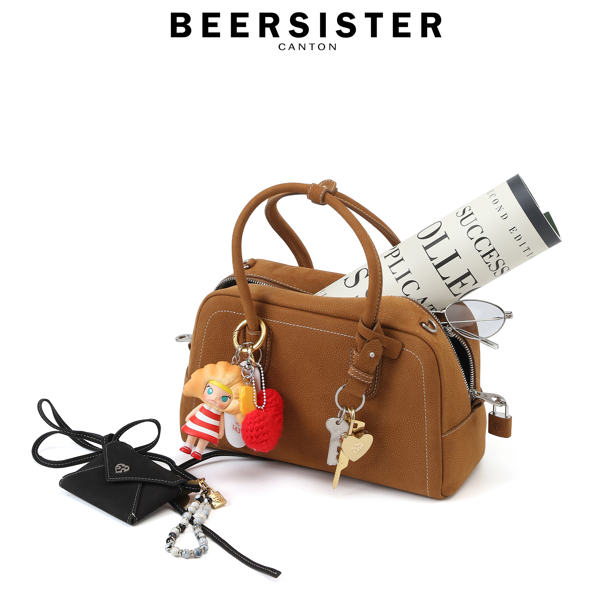 BEERSISTER ボストンバッグ 第一層レザー 通勤 脇下 ショルダー メッセンジャーバッグ ハンドバッグ 本革 スモールスクエアバッグ