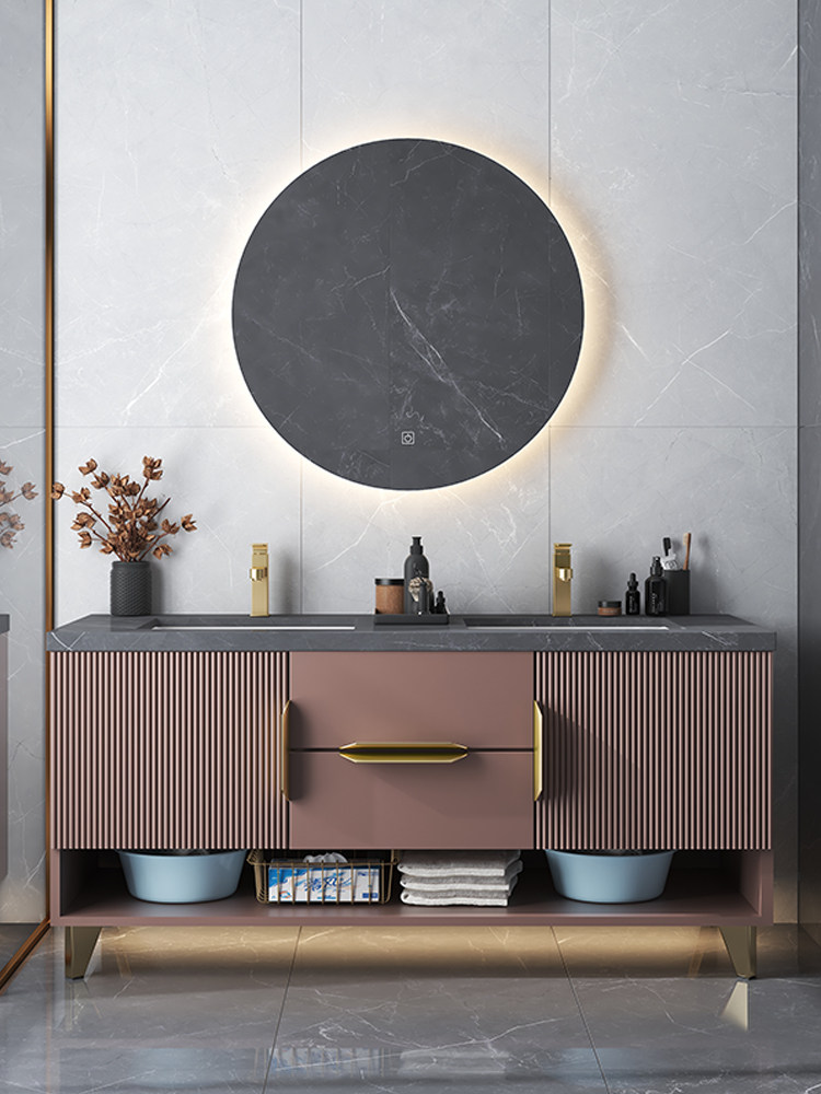 Oak bathroom cabinet Floor-to-ceiling rock panel integrated sink basin cabinet combination Powder room sink washbasin mirror cabinet