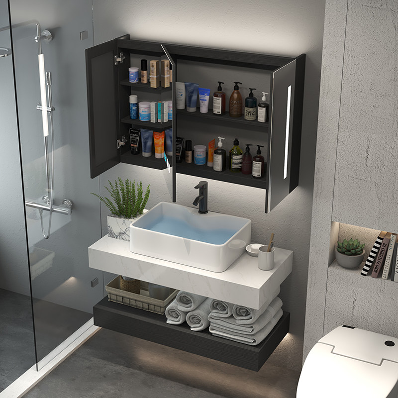 Nordic solid wood bathroom cabinet wall-mounted washbasin washbasin cabinet combination powder room small apartment wash table mirror cabinet