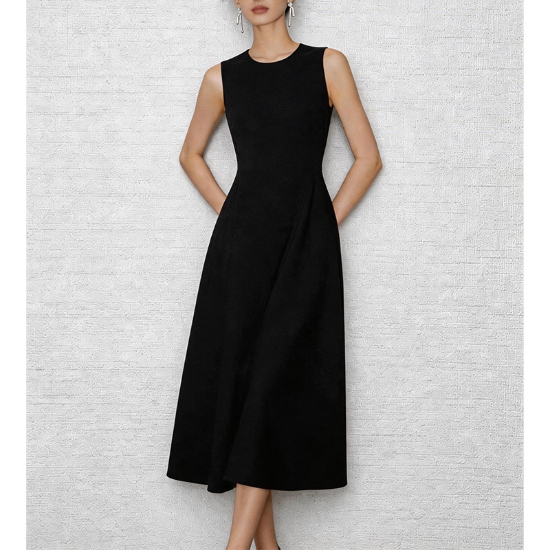 Textured Sleeveless Round Neck Dress for Women, Spring and Summer New Style, Hepburn Style, Fashionable and Elegant Black Vest Mid-Length Skirt