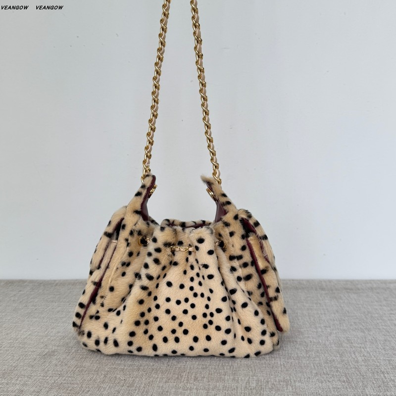 Veangow Hot Girl's Light 26A Polka Dot Element Drawstring Chain Bucket Bag Lamb Wool Leopard Print Mini Bag