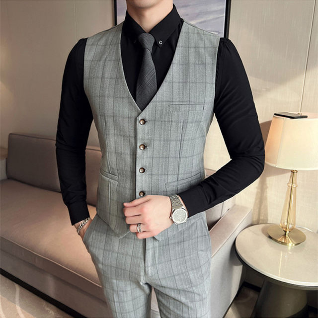 Vest suit ຜູ້ຊາຍທ່າອ່ຽງກະທັດຮັດ plaid ຊຸດແຕ່ງງານ vest ສອງສິ້ນໃຫມ່ groomsmen ກຸ່ມ dress vest ຄົນອັບເດດ: