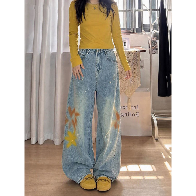 Petite American Retro Style Painted Graffiti Wide-Leg Jeans for Women, Autumn Season, Loose Fit, Slimming, Trendy, Floor-Length Pants Petite American Retro Style Painted Graffiti Wide-Leg Jeans for Women, Autumn Season, Loose Fit, Slimming, Trendy, Floor-Length Pants