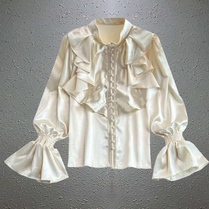 French Satin Lantern Sleeve Shirt for Women, Spring Design, Niche, High-End, Stand-Up Collar, Palace Style, Retro, High-End Shirt