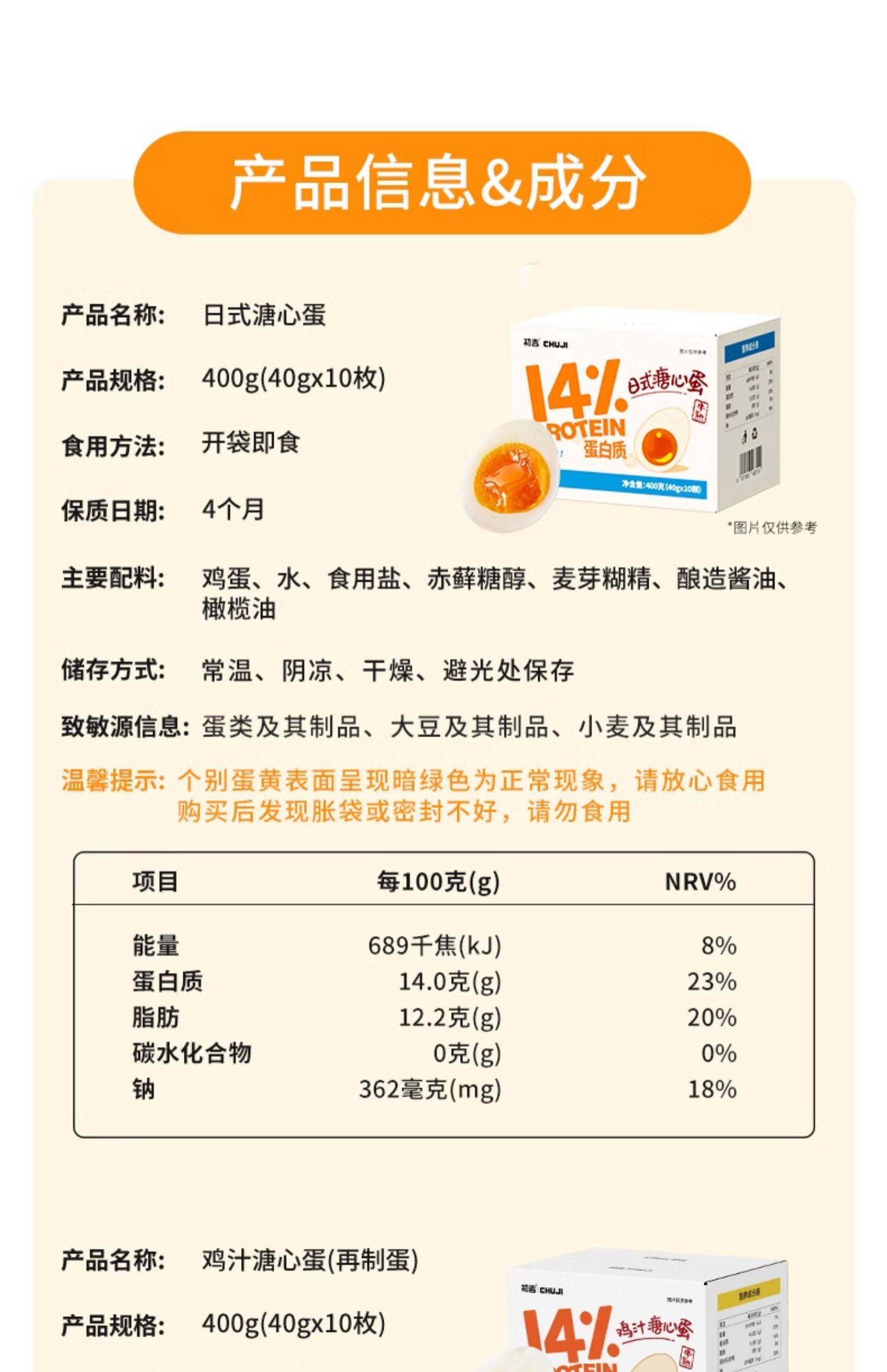 【中國直郵】 初吉 溏心蛋流心蛋 熟食即食糖心蛋滷蛋早餐速食營養健康小零食品 40g*10枚/盒