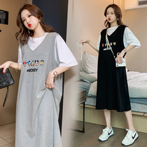 Maternity dress summer long dress spring and autumn large size fake two-piece cotton dress 2021 new fashion loose medium long