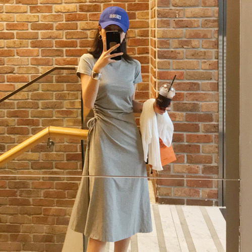 Day hair South Korea 2021 Summer BR160 pumping rope design grey A character short sleeve foreign dress woman