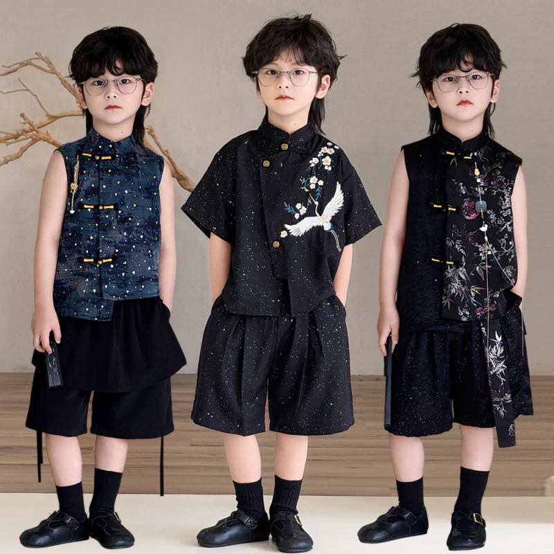 Children's Hanfu Summer Ancient Style Handsome New Chinese Tang Suit Thin Short-Sleeve Set Chinese Style Boys' Formal Wear Performance Costume