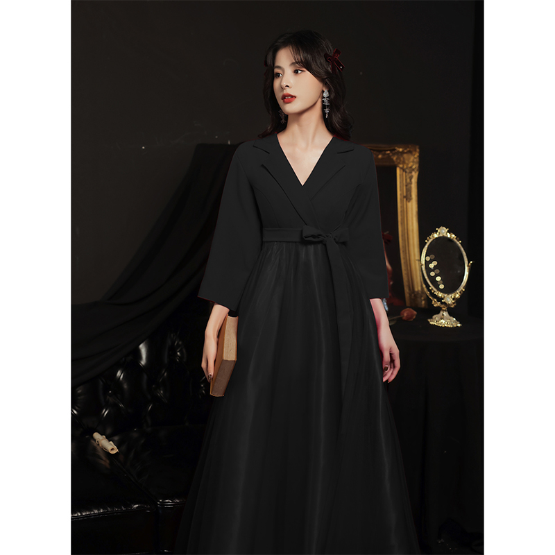 Corporate Annual Meeting Evening Dress, Black, Elegant, Slimming, Plus Size, Tummy-Covering, Banquet Suit Dress