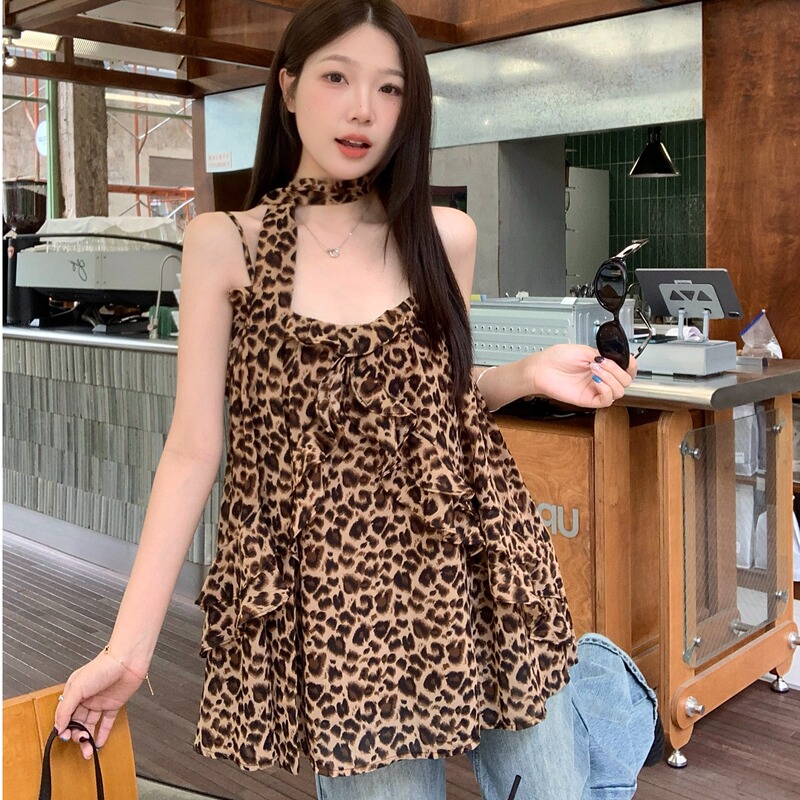 C Sweet Orange Home Plus Size Korean Style Lazy Leopard Print Sleeveless Camisole Summer Stunning Slimming Top for Hot Girls