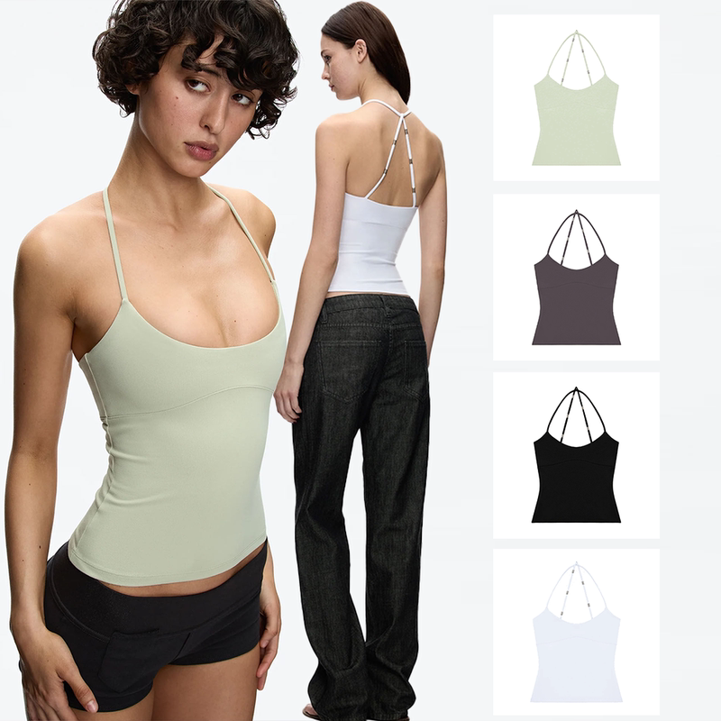 In Stock Tankair Celadon Green Cross-Back Halter Top, Lychee Purple Tailored Waist-Cinching Camisole Top In Stock Tankair Celadon Green Cross-Back Halter Top, Lychee Purple Tailored Waist-Cinching Camisole Top