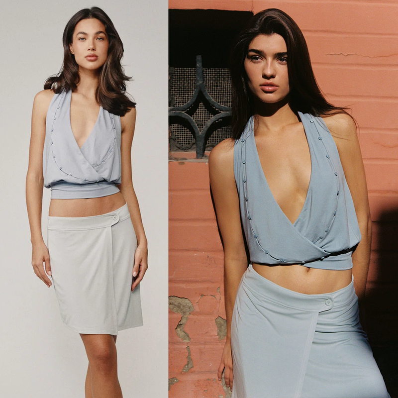 Withjean European and American Style Sleeveless Halter Neck Backless Top with Cinched Hem and Wrap-Around Buttoned Skirt Withjean European and American Style Sleeveless Halter Neck Backless Top with Cinched Hem and Wrap-Around Buttoned Skirt
