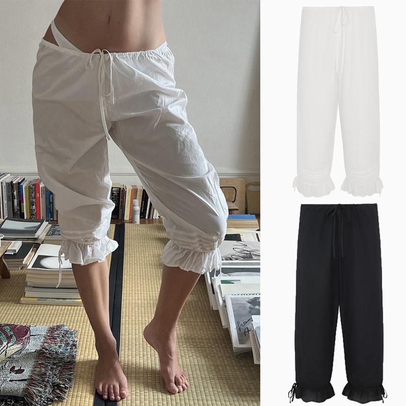 Coucou White Three-Quarter Length Casual Lantern Pants with Ruffled Drawstring Waist, Can Be Worn Outside, Relaxed Home Sleep Pants