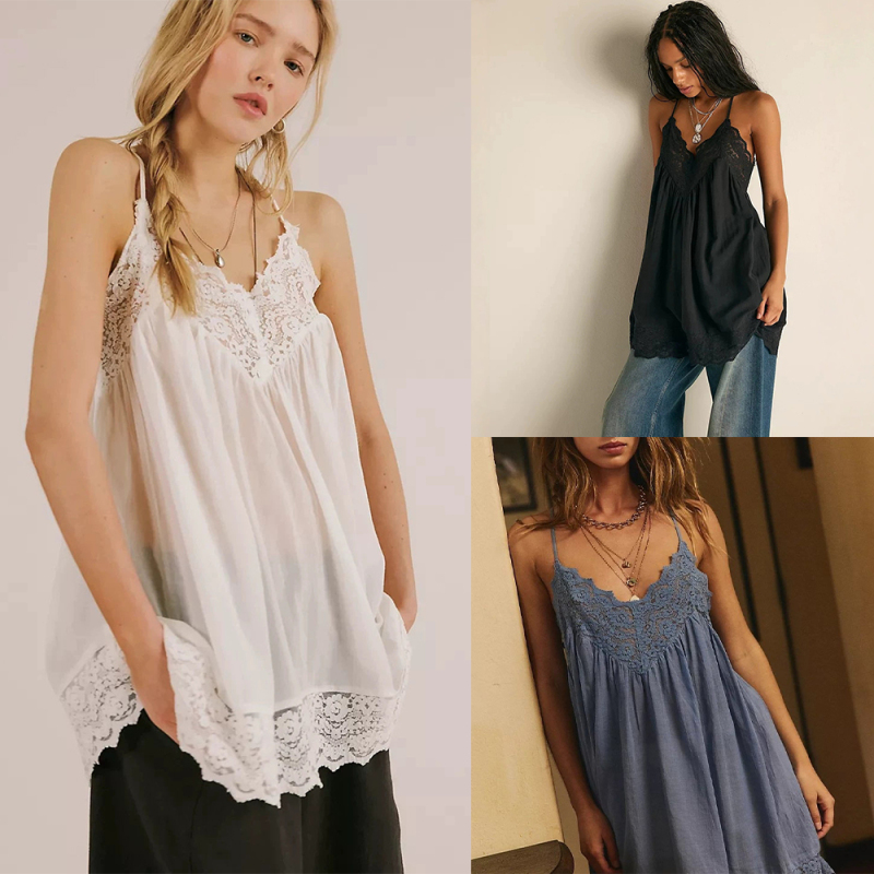Free People Pure Lace Mid-Length V-Neck Camisole, Loose and Slimming, Sexy Top for Home and Outdoor Wear Free People Pure Lace Mid-Length V-Neck Camisole, Loose and Slimming, Sexy Top for Home and Outdoor Wear