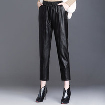 Autumn and winter new leather pants womens sheep leather large size slim Harlan small foot pants wear thin nine long pants