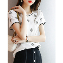 Boo Pala の 1 summer new versatile light breathable ice silk cool diamond-set printing silk short-sleeved T-shirt