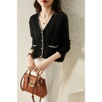 Boo Pala cum French small fragrant wind lazy temperament Contrast color lace slim with wool Joker knitted cardigan