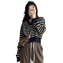 Japanese retro short striped sweater for women 2022 autumn and winter new bf lazy waist slim pullover knitted sweater