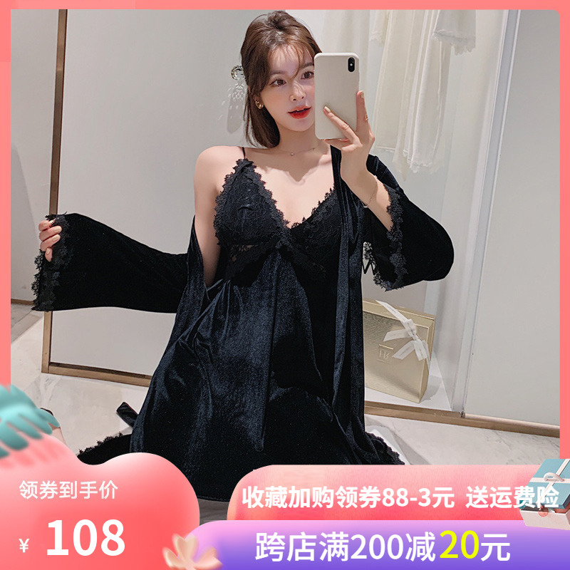 Gold velvet pyjamas women's autumn winter velvet sexy harnesses V collar Long sleeves Sleeping robes Two-style suits Home Suits Spring