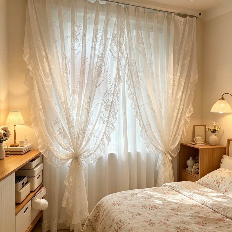 Luxury Home Upgrade｜French Lace Double-Layer Curtain Fabric with Integrated Sheer, Light-Transmitting but Not See-Through, Cream-Style Bedroom Sheer Curtain