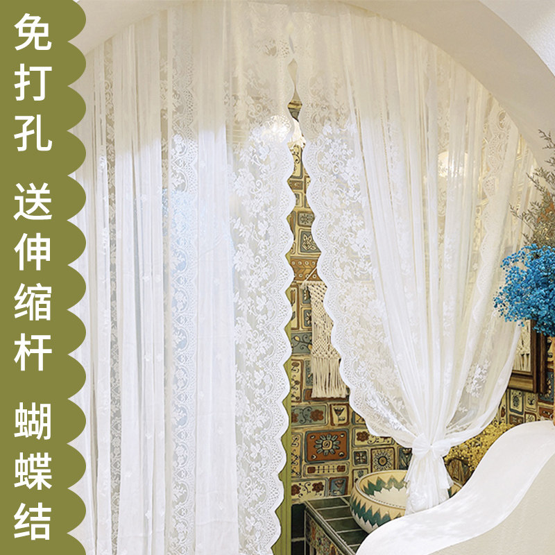 Timeless Punch-Free Yarn Curtain Method White Dream Curtain Lace Curtains American Retro Bedroom Partition Door Curtain-Taobao