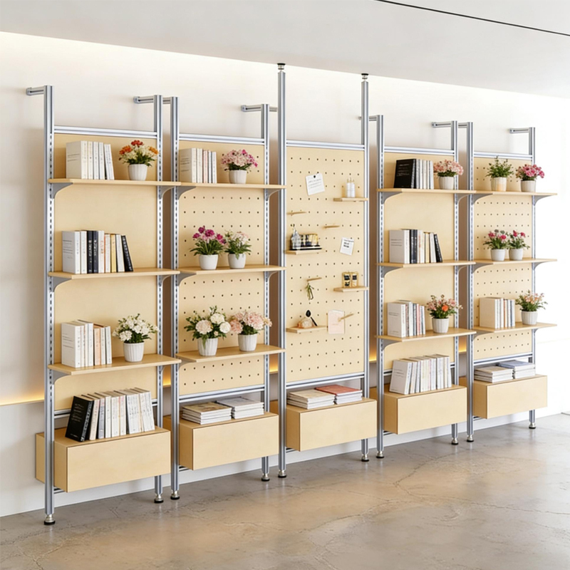 Modern Minimalist Style Floor-To-Ceiling Shelving, Birch Wood Marine Board Product Display Rack, Pegboard Display Cabinet, Storage Rack