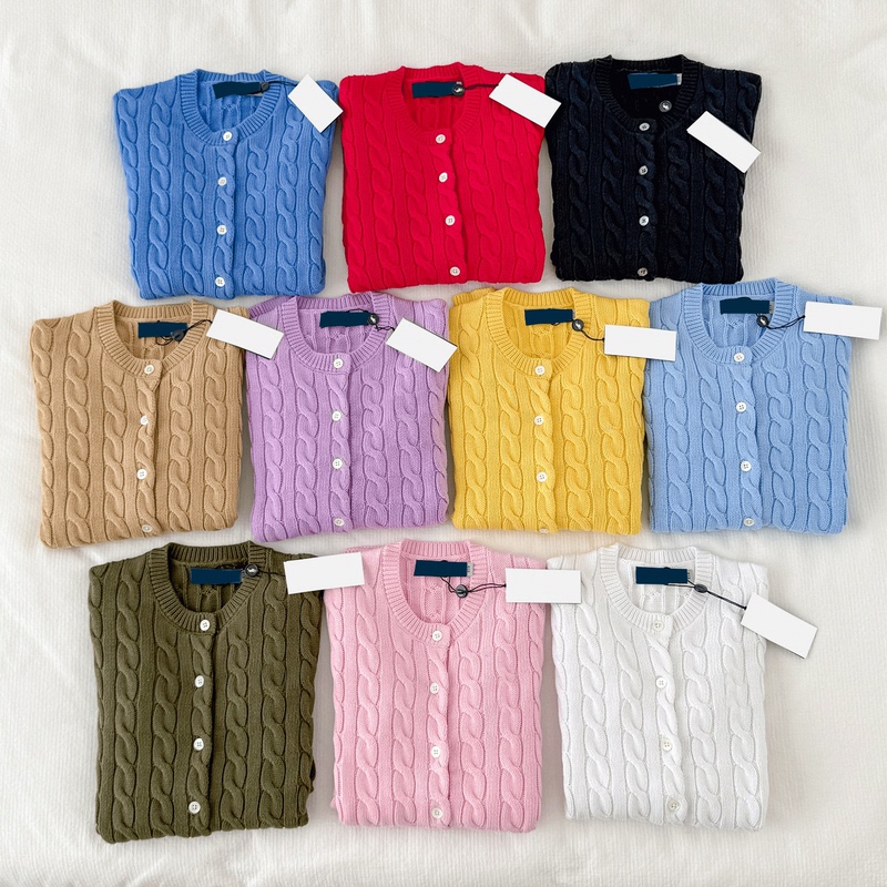 American-Style Embroidered Logo Pure Cotton Cable Knit Cardigan Long-Sleeve 100% Cotton Sweater for Women in Multiple Colors
