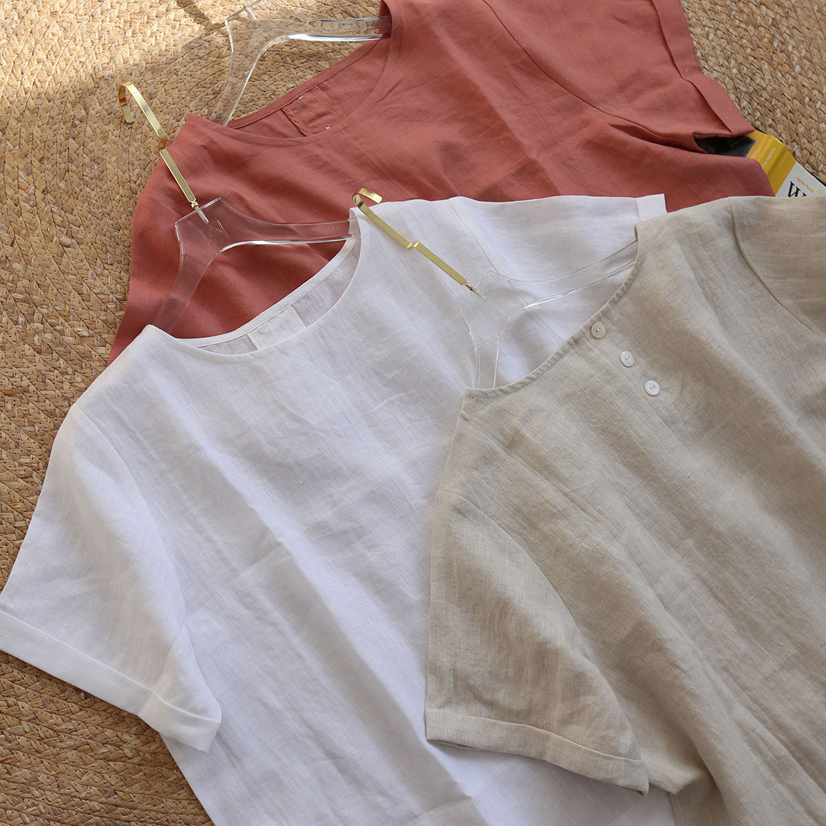 Drunk bridge extremely simple wind France linen back button Decorative Pure color Short sleeves T-shirt loose round collar jacket head jacket