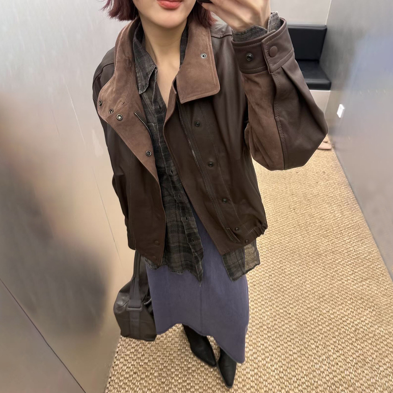 Lemai Style 26Ss Brown and Black Color-Blocked Leather Jacket Casual Short Wide Half-High Collar Paper-Like Suede Top Coat