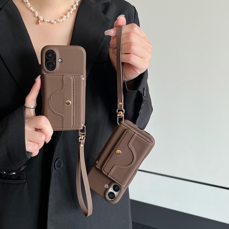 Trendy and Fashionable Button Card Holder Suitable for Apple 17 Pro Max Phone Case, Leather Card Wallet Style for 15, Makeup Mirror for 14, Anti-Drop for 13, Internet Celebrity High-End Style for Women with Hand Strap