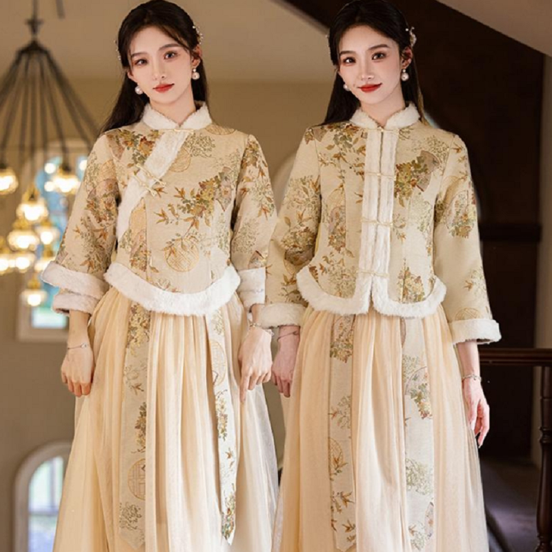 Chinoiserie Bridesmaid Dress, Winter Velvet Thickeneding, Slimming Look Long-Sleeved Chinoiserie Bridesmaid Dress, Sister Group Warm and High-End Dress