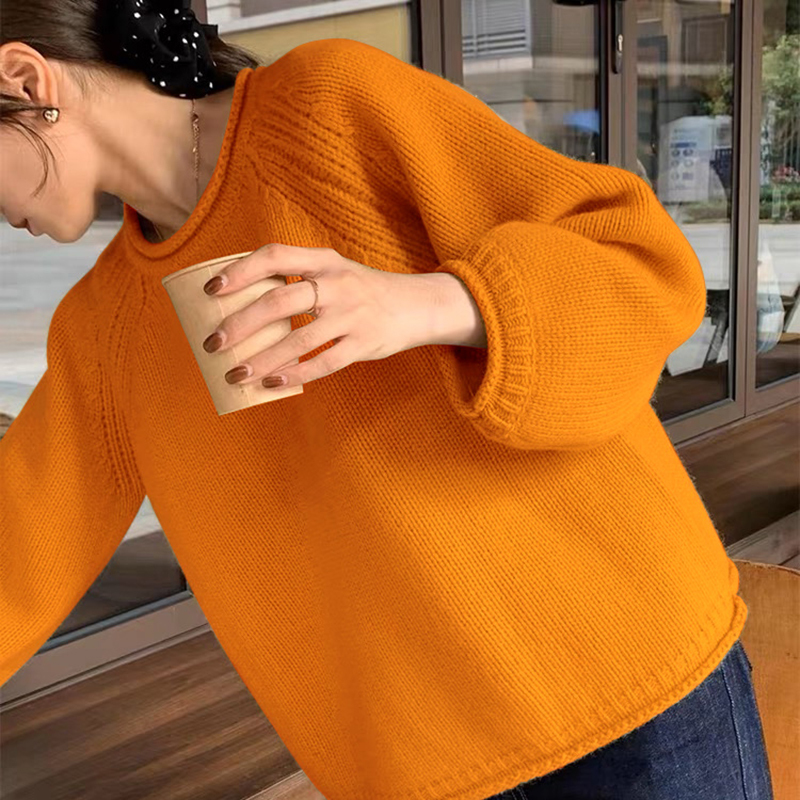 Korean-Style Pumpkin Orange Design Niche Sweater for Women, Autumn and Winter, Loose, Lazy Style, Relaxed Fit, Pullover Knitwear, Thick