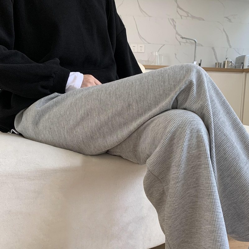 Waffle wide-leg pants women's loose straight spring, autumn and winter 2022 new drawstring high waist casual gray sports pants